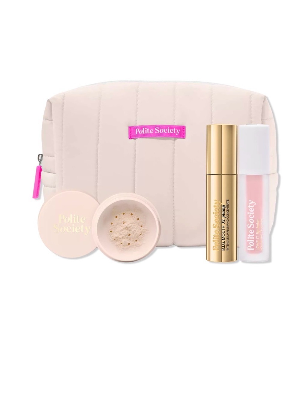 Polite Society Pink Finishing Powder & Setting Spray Trio with Cosmetic Bag